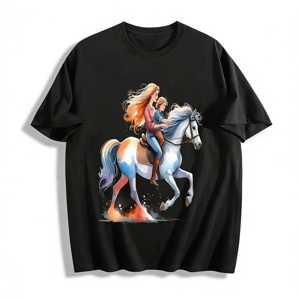 Warm Parent-Child Horse Riding Print Casual Top Pure cotton T-shirt XXS