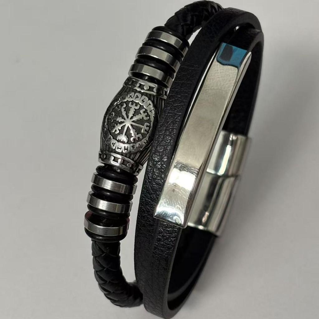 European & American Fashion Men's Leather Bracelet - Viking Rune, Multi-layer Woven with Magnetic Buckle