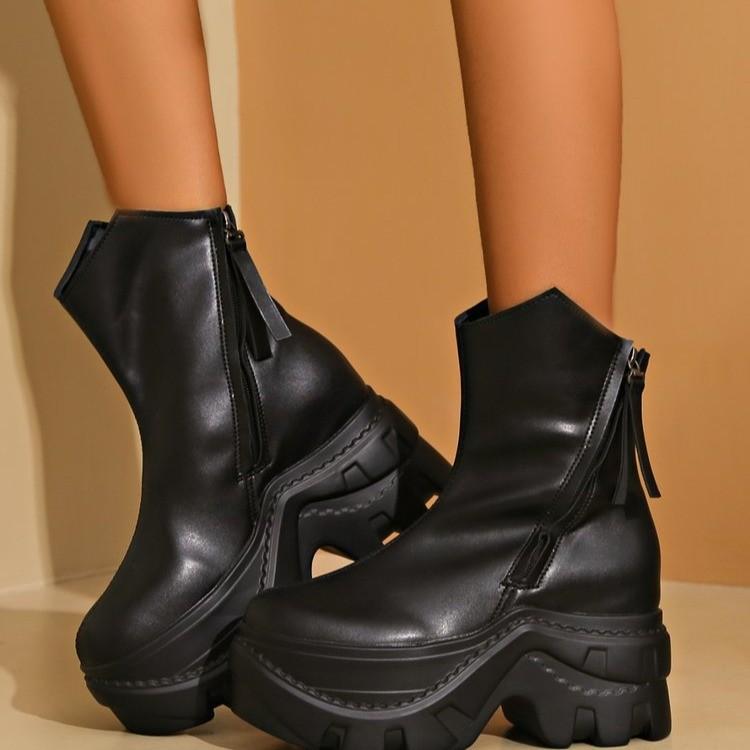 

Large size 2025 high-heeled boots muffin bottom wedge heel new Martin boots women s flat bottom black round head side zipper short boots 35 чёрный