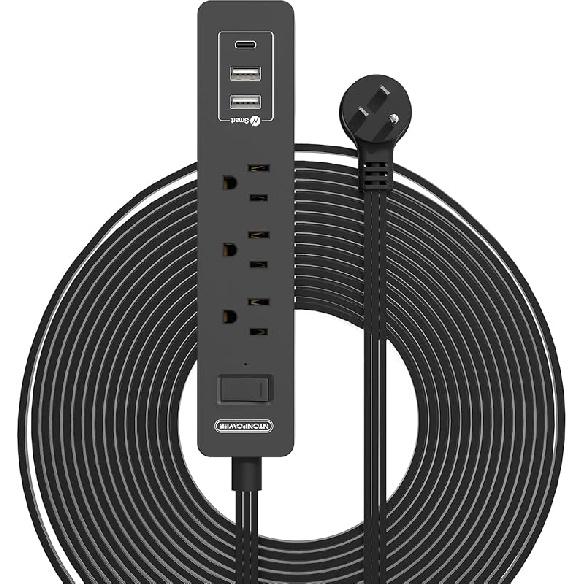 Long Extension Cord 15 Ft, NTONPOWER Ultra Thin Flat Extension Cord Under Carpet, Rug, Door, 3 Outlets Flat Plug Power Strip with 3 USB, Wall Mount,
