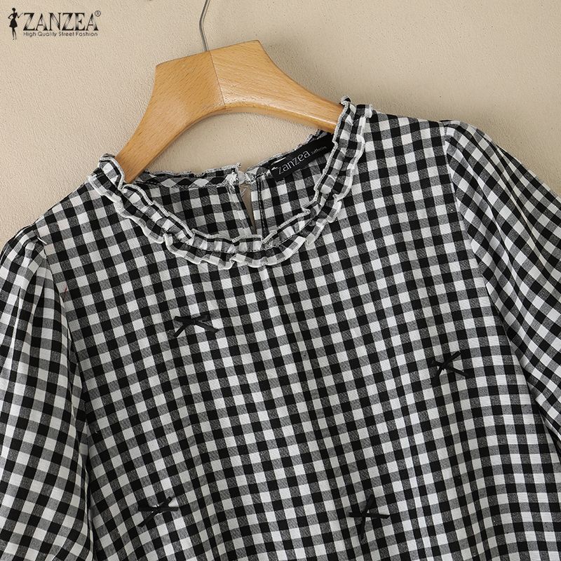 ZANZEA Dames Casual Blouse met Ruitjesprint, Ronde Hals en Korte Mouwen