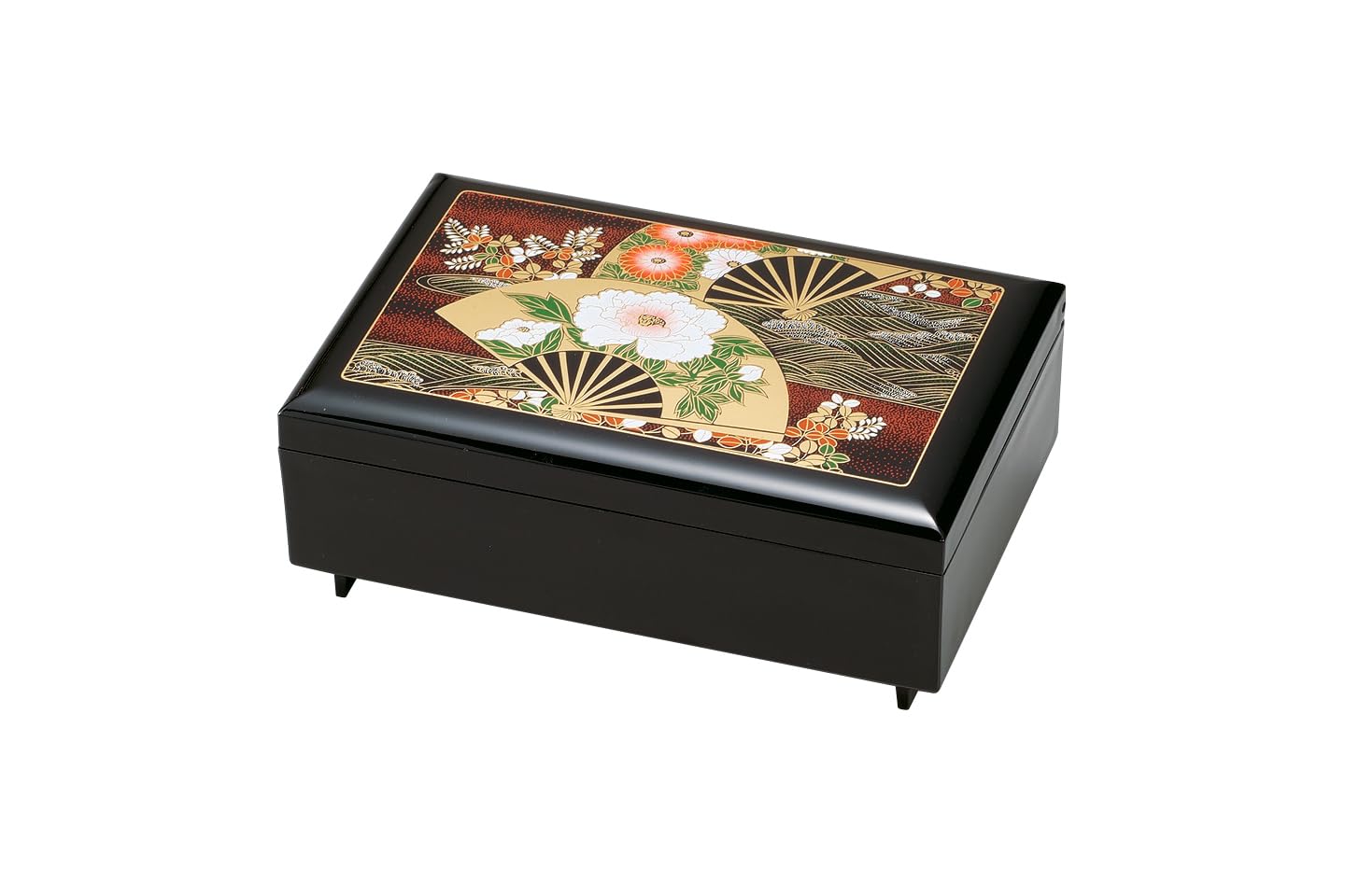 

Nakatani Brothers Yamanaka Lacquer Artisan Jewelry Box (with Music Box) Black Dancing Fan 37-2608