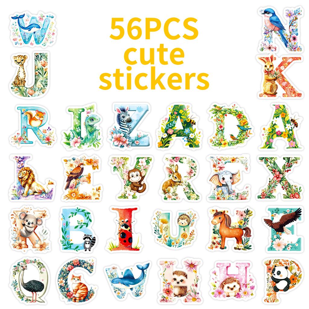 56PCS Cute Animal Flower Letter Stickers Watercolor Creative English Letter Decorative Stickers