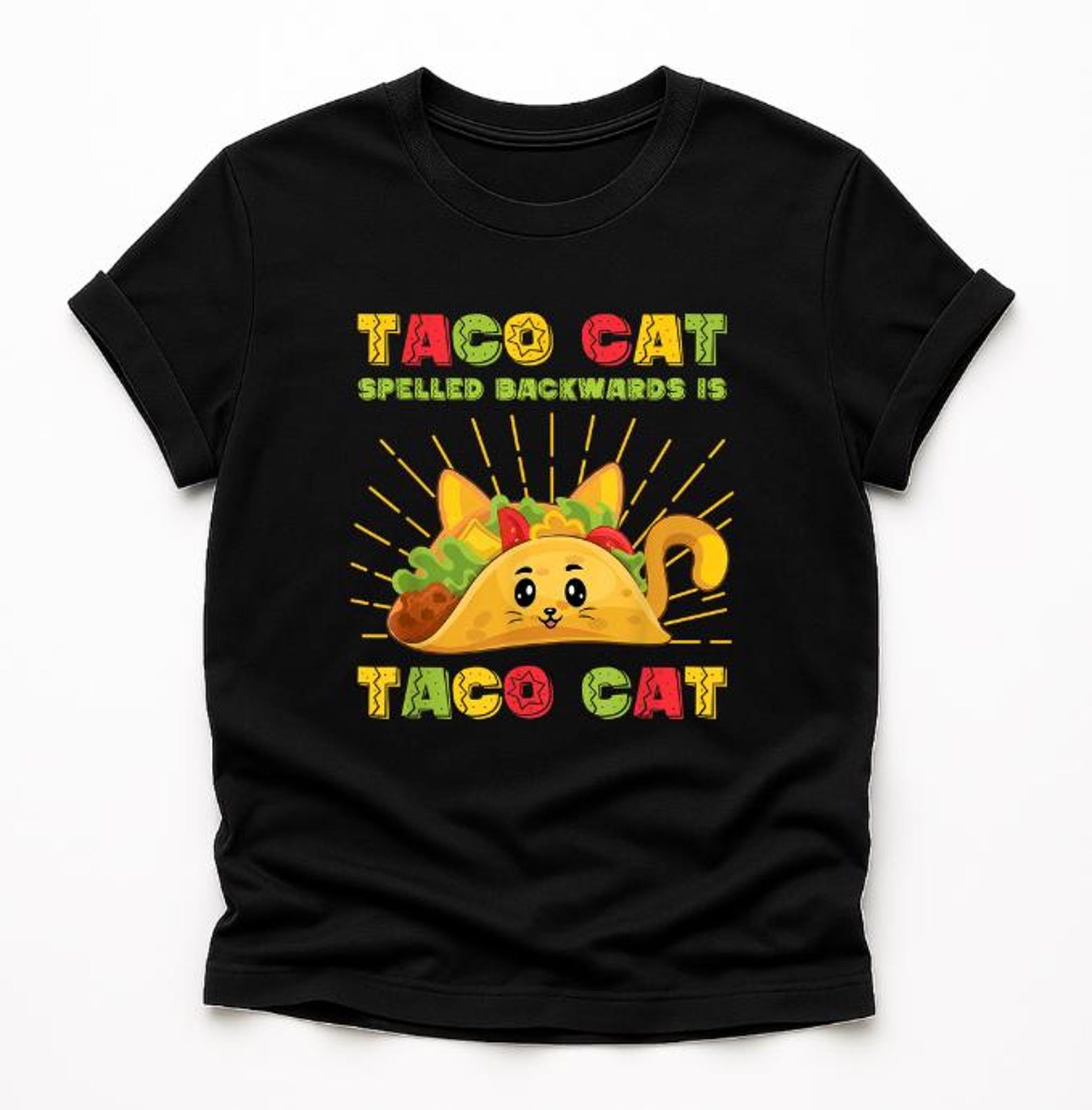Taco Cat Spelled Backwards Is Taco Cat T-Shirt, funny palindrome cat taco lover Gift, Funny taco cat shirt, cute foodie cat pun Graphic Tee M