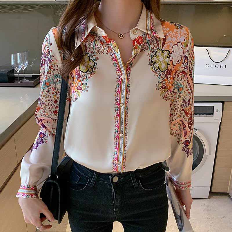 Vintage Fashion Floral Print Blouse Women Satin Shirts Ladies Spring Tops Autumn Long Sleeve Silk Shirts Blusa Mujer Clothes 18440