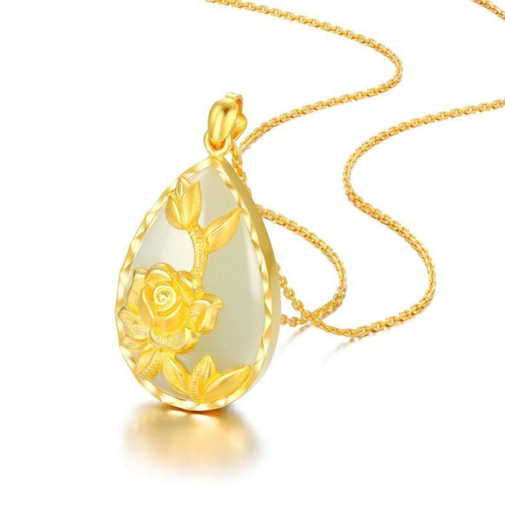 Gold Plated Lotus Necklace with Hetian Jade Fish Pendant Traditional Craftsmanship Bird Flower Design
