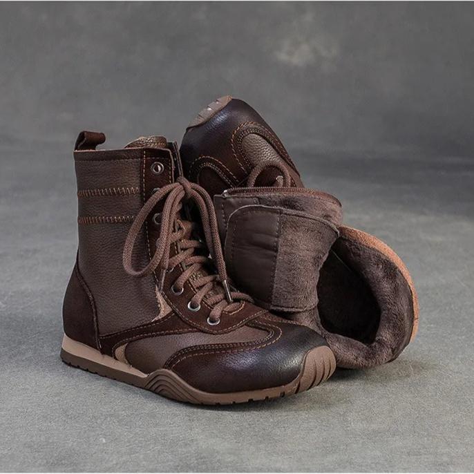 Johnature Plush Warm Retro Short Boots Genuine Leather Flat Cotton Shoes Commuter Women's Shoes