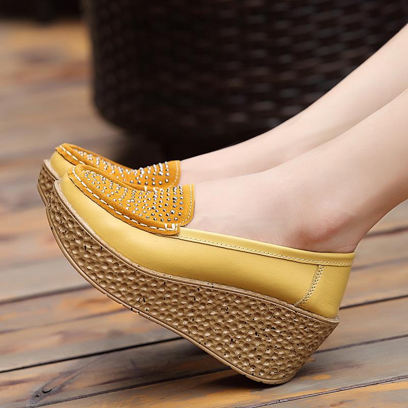 Women Wedge Heels Leather Platform Shoes Non-slip Casual Walking Shoes Slip-on Low-cut Loafers Elegant Mother Shoes