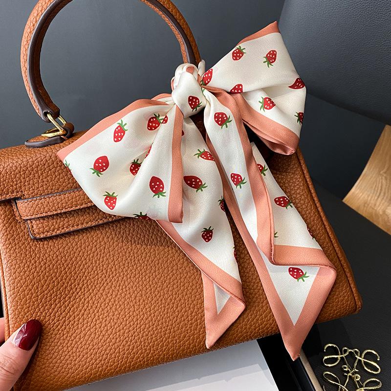 Skinny Ribbon Silk Scarf Women Lovely Fruits Print Foulard Hairband Headband Female Soft Satin Handle Bag Neck Ties Neckerchief