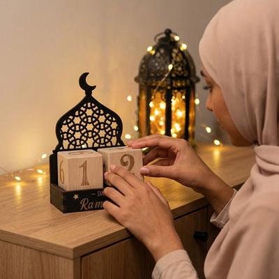 Wooden Eid Mubarak Calendar Blocks Moon Castle Adjustable Dates Ramadan Countdown Calendar Decorative Ramadan Advent Calendar