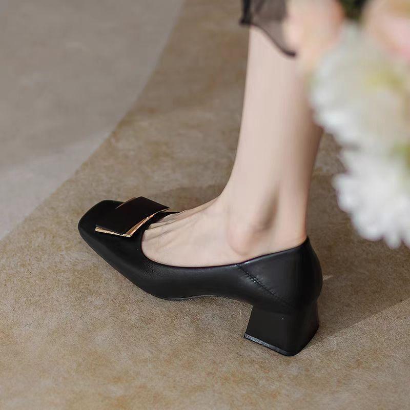 Giant soft~ French leather square head soft leather single shoes versatile temperament thick heel light mouth spring and autumn shoes professional