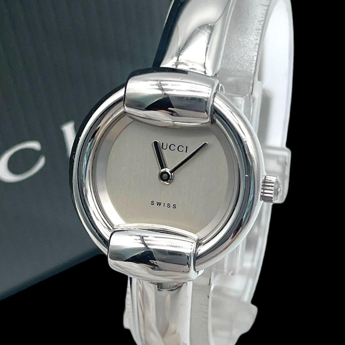Used New battery working item GUCCI 1400L ladies watch bangle watch quartz QZ 2 hands SS silver vintage with box