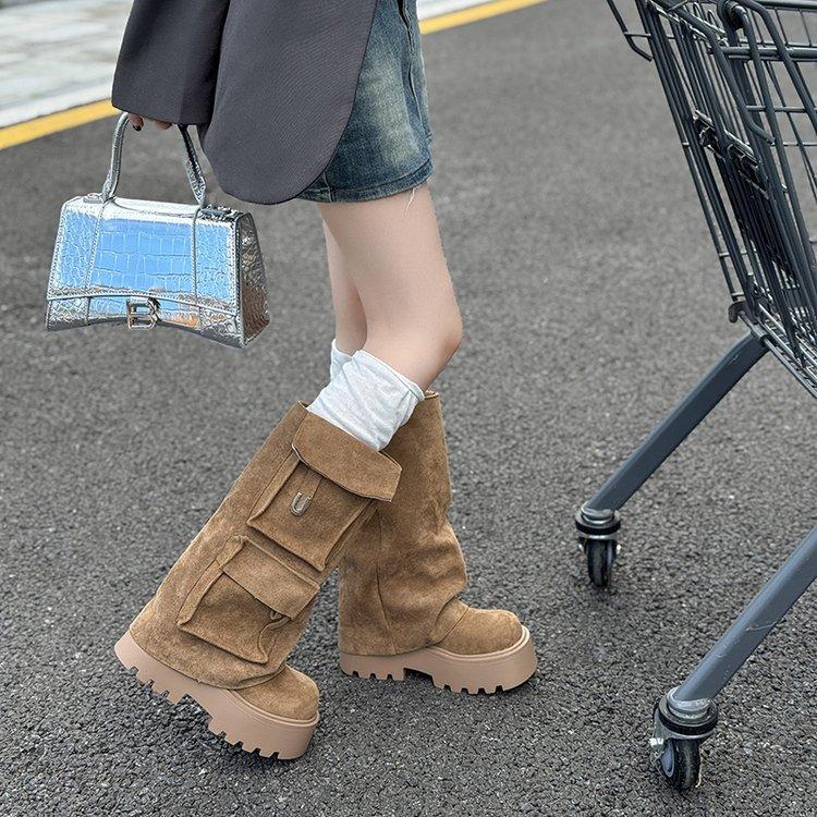 Retro thick-soled trouser boots 2025 summer new thin long boots niche design knight boots pocket tooling boots
