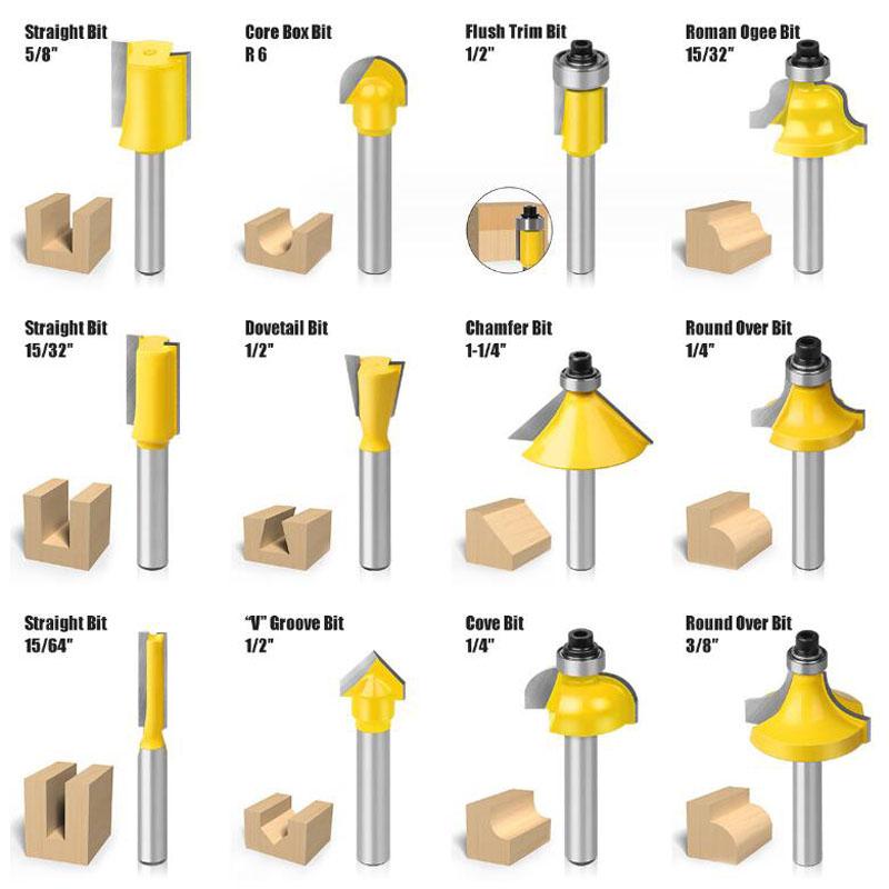 12pcs 1/4 Inch Shank Trimming Straight Milling Cutter Wood Bits Tungsten Carbide Woodworking Cutting Trimming Core Box Router Bit Set