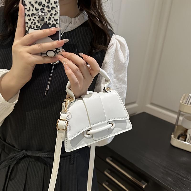 Mini Top Handle Crossbody Bag with Flap Metal Ring Detail, Chic Leather Shoulder Purse, Elegant Compact Handbag for Daily Party