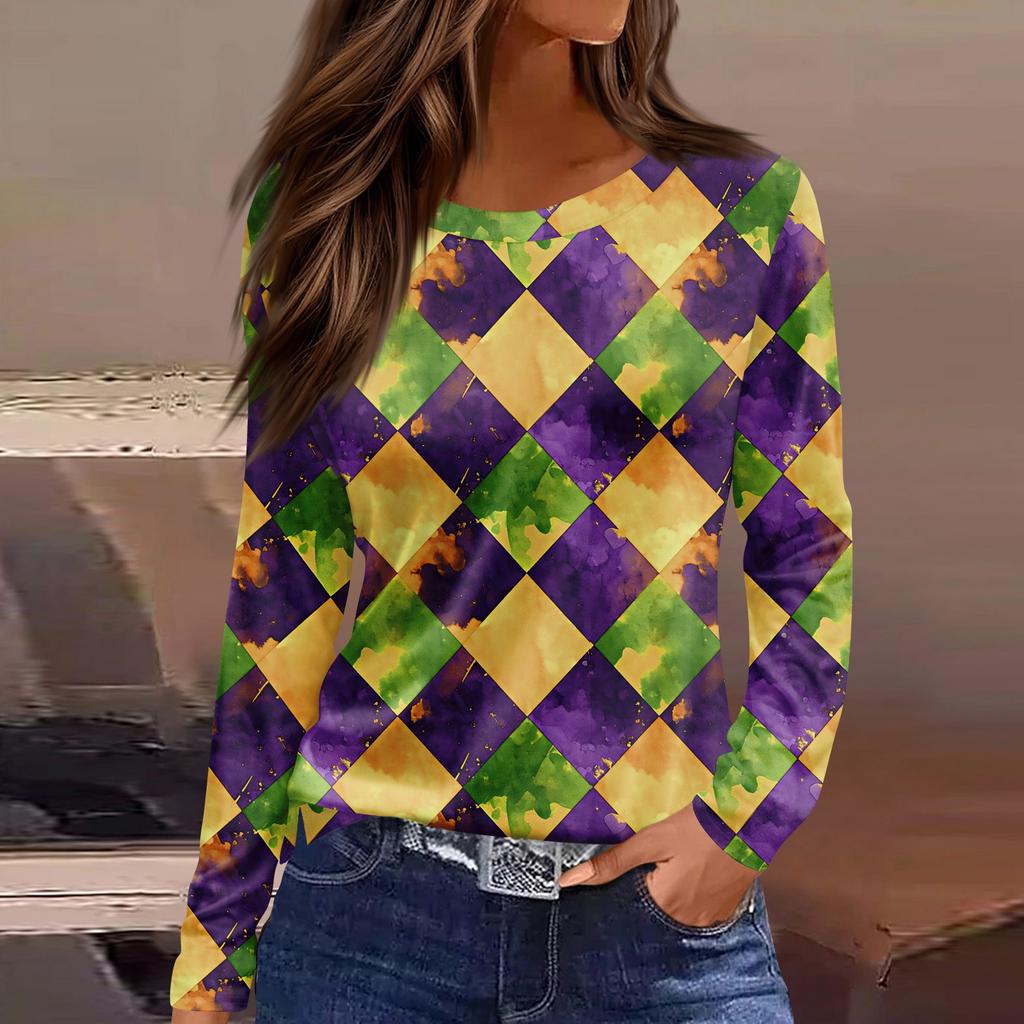 Women's Fashion Casual Slit Hem Round Neck Long Sleeve Loose Printed T-Shirt Top