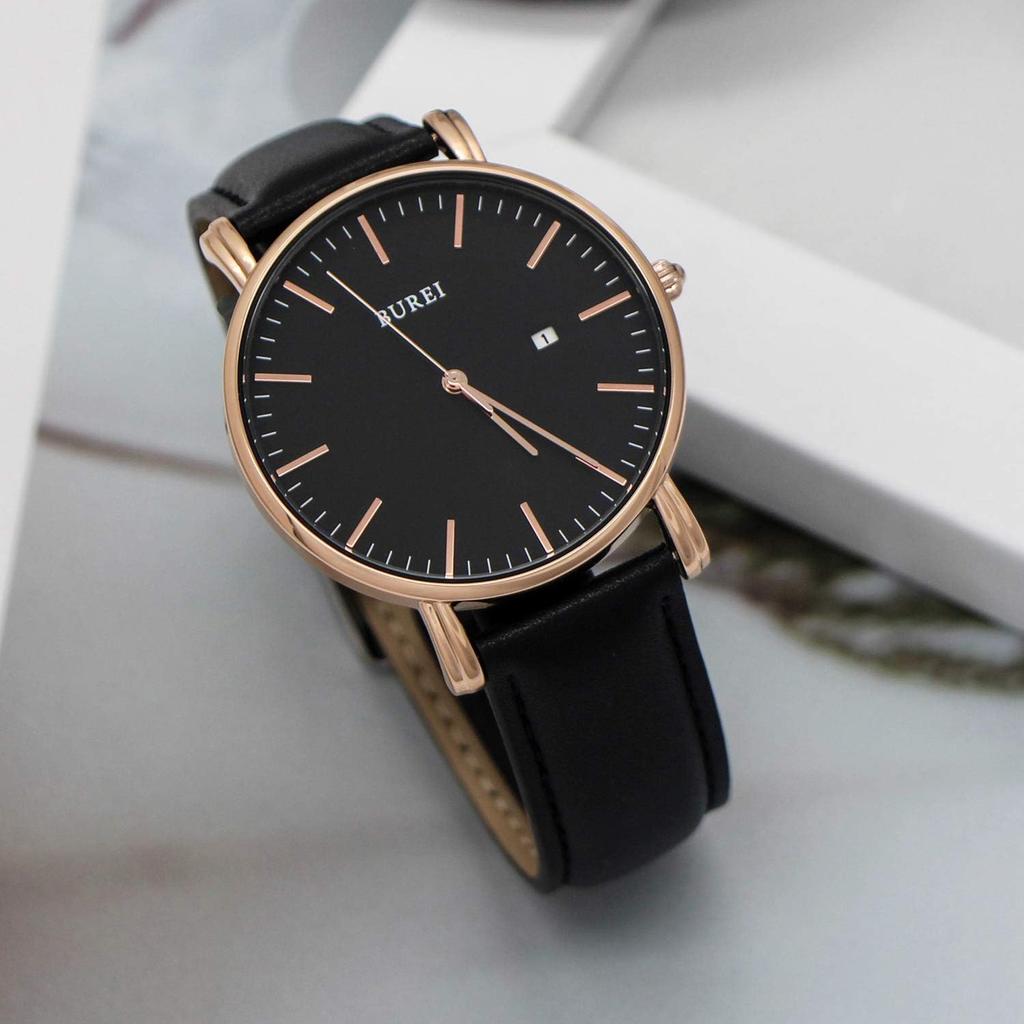 BUREI Men's Watch, Simple, Stylish, Popular Brand, Ultra-Thin, Lightweight, Business, Analog, Quartz Movement, Date Display, Waterproof, Leather, Rose