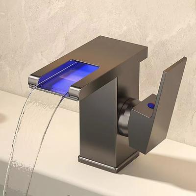 Πλήρως χάλκινη βρύση LED με καταρράκτη, φωτεινή, για ζεστό και κρύο νερό, για νιπτήρα πάγκου, οικιακή βρύση