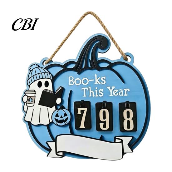 Fun Halloween Gift Ghost Pumpkin Reading Tracker Wooden Hanging Sign, Sliding Number Counter for Book Read This Year, Progress Spooky Decor with Jute