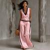 1116 New Women's Clothing Casual V-Neck Contrasting Edge, Cotton and Linen Top Wide Leg Pants Set