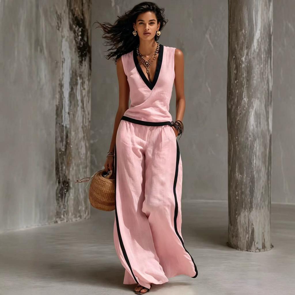 1116 New Women's Clothing Casual V-Neck Contrasting Edge, Cotton and Linen Top Wide Leg Pants Set