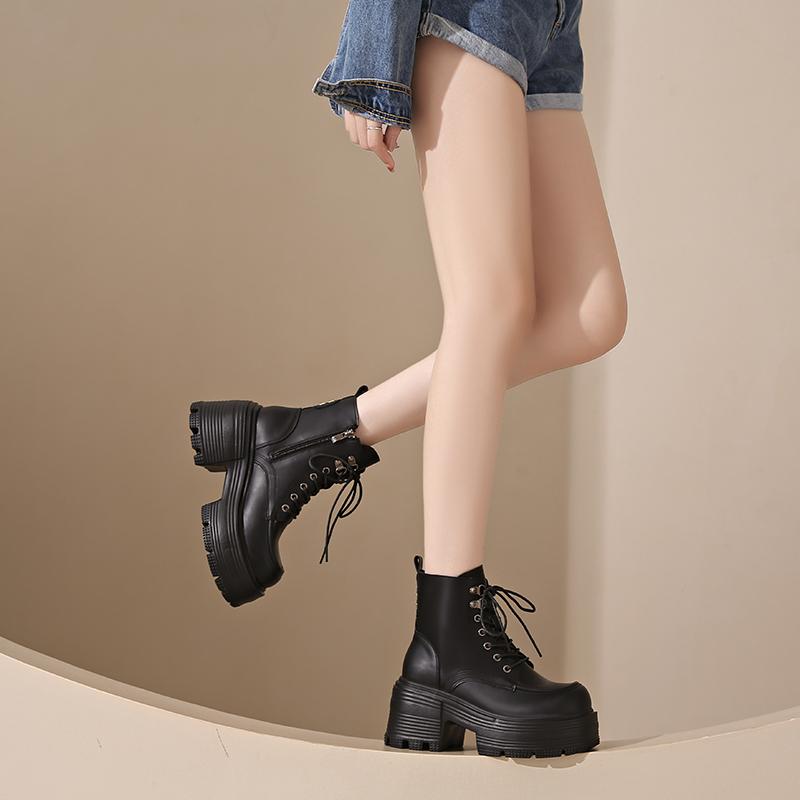 Fashion 2025 New 9cm Black Platform Women Motorcycle Ankle Boots Fashion Lace Up Shoes Autumn Winter Thick Heel Women's Short Booties