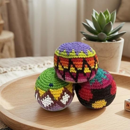 Hand Knitted Juggling Balls Set Crochet Hacky Footbag for Kids Adults Colorful Mixed Patterns Crochet Sensory Ball for Outdoor Play Party Favors
