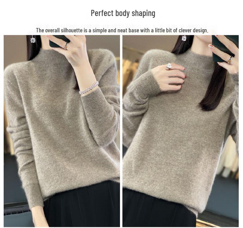 Women's Half-High Neck Wool Sweater Pullover - Loose Fit, Autumn/Winter Knitwear