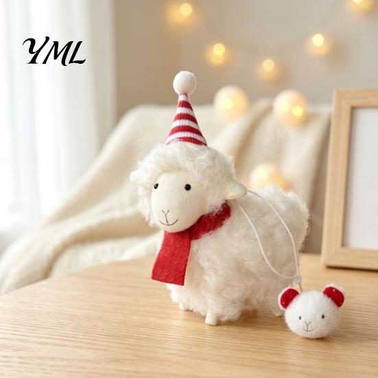 Desktop Festive Ornaments Plush White Sheep Christmas Ornament, Cute Knit Hat Lamb Tabletop Decoration, Soft Knitted Accessories Fabric Hanging