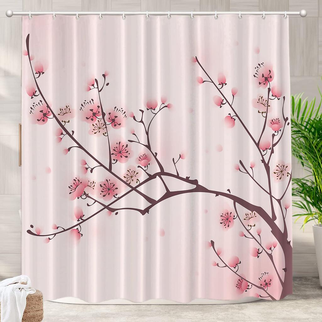 Kirschblüten Vintage Duschvorhang, Aquarellblüten Blühender Japanischer Kirschbaum Rosa Blüte Wasserdichte Badezimmer Vorhänge