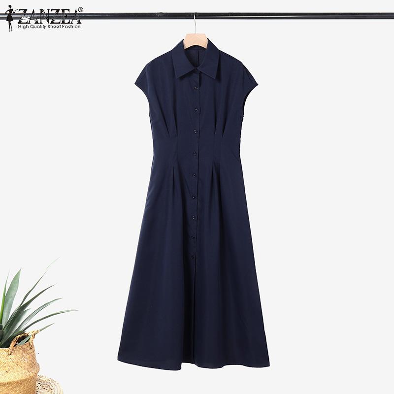 ZANZEA Women Summer Turn Down Collar Casual Sleeveless Long Dress