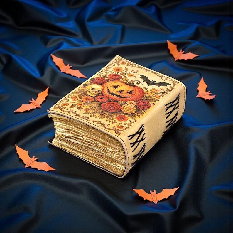 `Handmade Halloween Pumpkin Leather Journal | Floral Witchy Grimoire Notebook | Vintage Notebook with Lock Closure