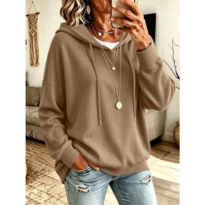 Women S Solid Drawstring Hooded Knit Loose Fit Casual Sweatshirt With Pockets