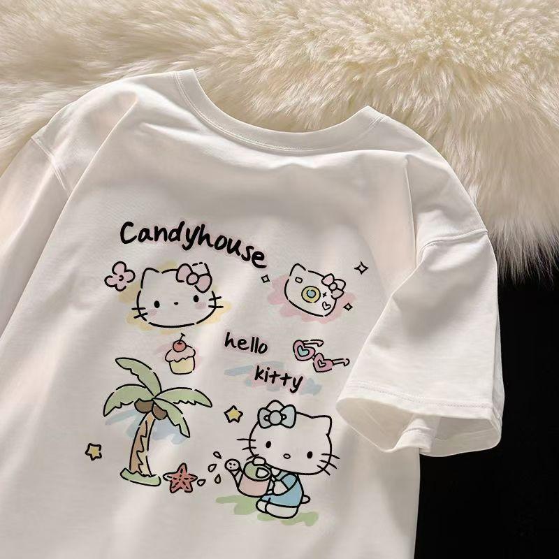

Sanrios 2026 Summer New Collection HelloKitt Graffiti Cartoon Print Pure Cotton Breathable Womens ShortSleeved TShirt S