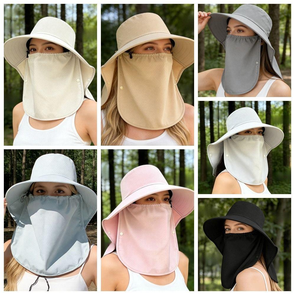 Wide-Brimmed Sunshade Sun Hat Solid Color Picking Tea Hat Windproof Rope Shawl Mask Hat  Jogging