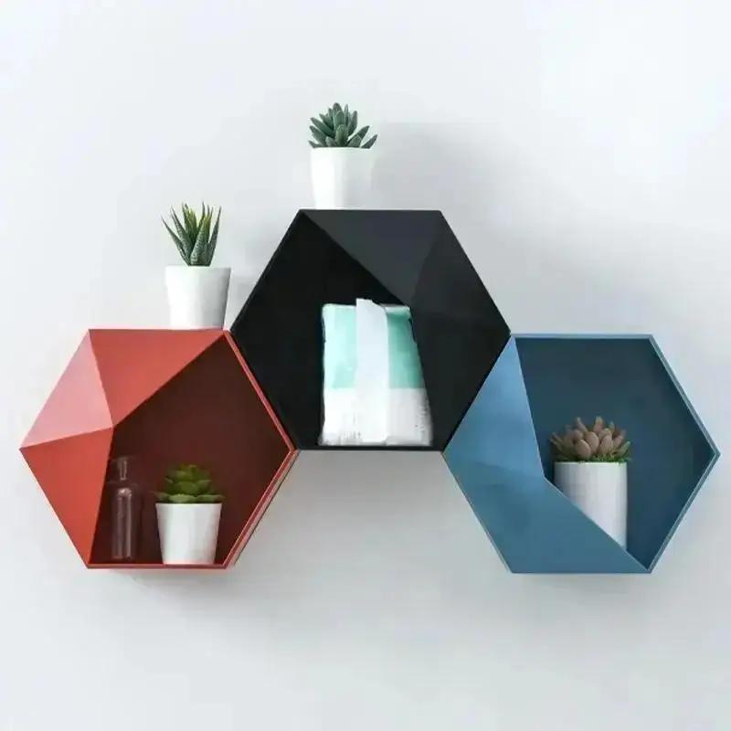 1 Pcs Nordic Style Decor Wall Mount Hexagonal Frame Books Toys Flower Pot Storage Shelf Holder Figurines Display Crafts Shelves