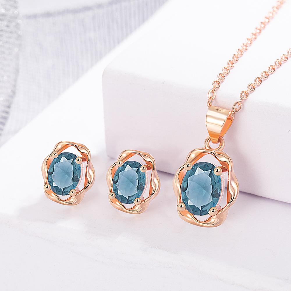 New Fashion Female  Set  Sterling Silver Blue Oval Design Crystal Zircon Earrings Necklace for Women  Set