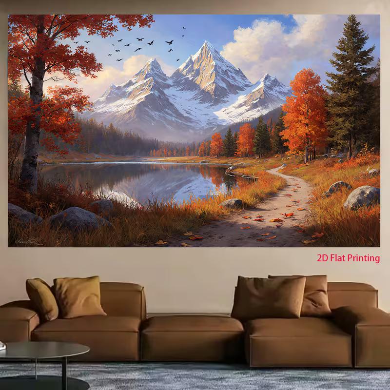 2D Majestic Autumn Snow Mountain Lake Photography Backgroun