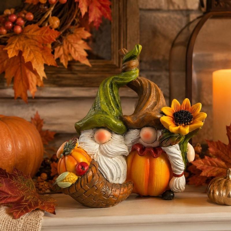 Holiday Table Accent for Thanksgiving, Small Dwarf Figurine with Gourd Body and Flower Trim for Shelf, Book Shelf or Entry Display, Approx. 4.5 x 4.5