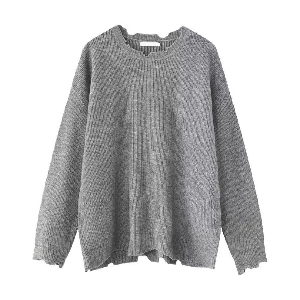 Men's Gray Wool Sweater - Trendy Destroyed Style, Cool & Loose Fit for Autumn/Winter, Douyin Inspired Cleanfit Knitwear.