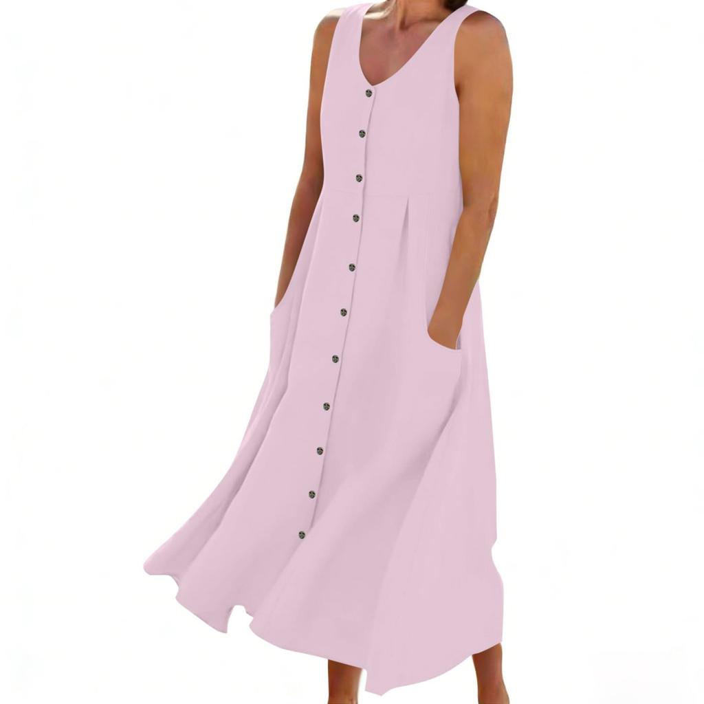 Women's Fashion Casual Colour Sleeveless Cotton Linen Pocket Dress