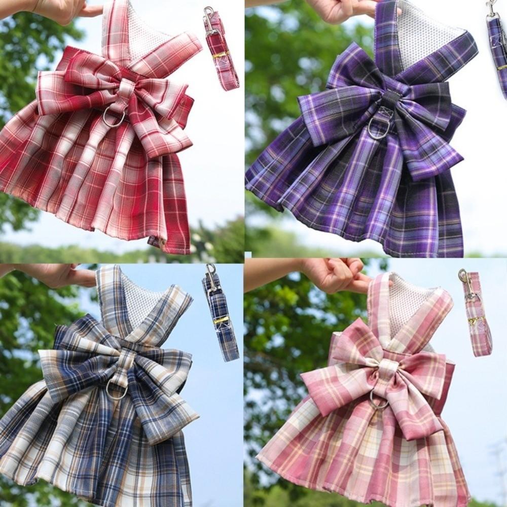 With Traction Rope Dog Dress Set Adjustable JK Plaid Skirt Cute Pet Clothes  Pet Supplies