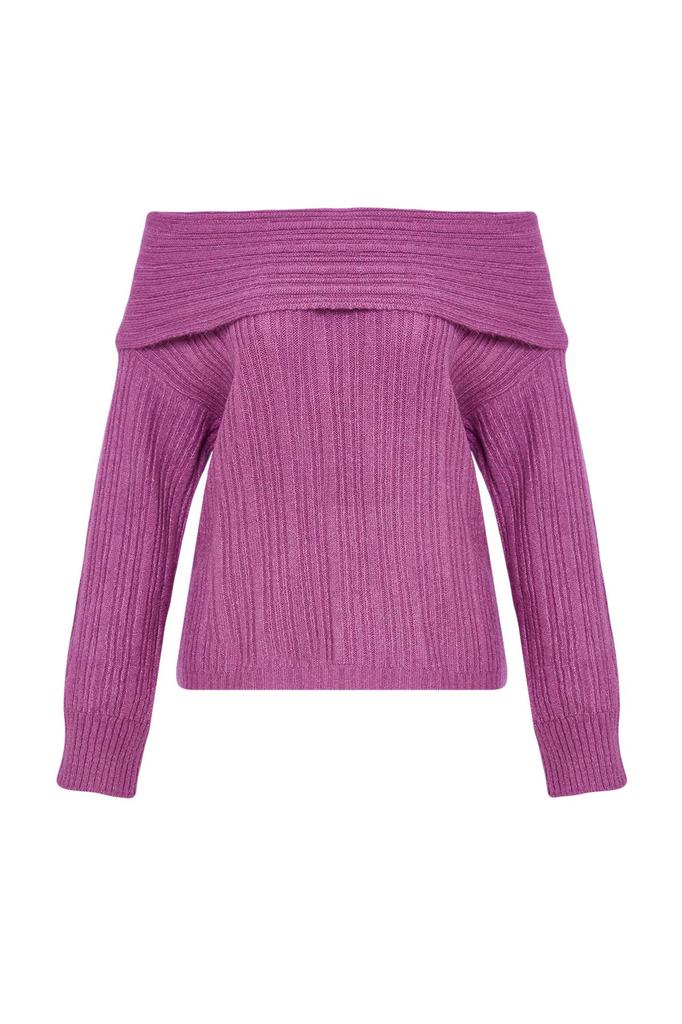 Women's Fashion Stylish Sweater Plum Soft Textured Carmen Collar Knitwear Sweater