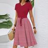 Women's Casual Fashion Belted Striped Printed Short Sleeve Round Neck Elegant Flowing Dress