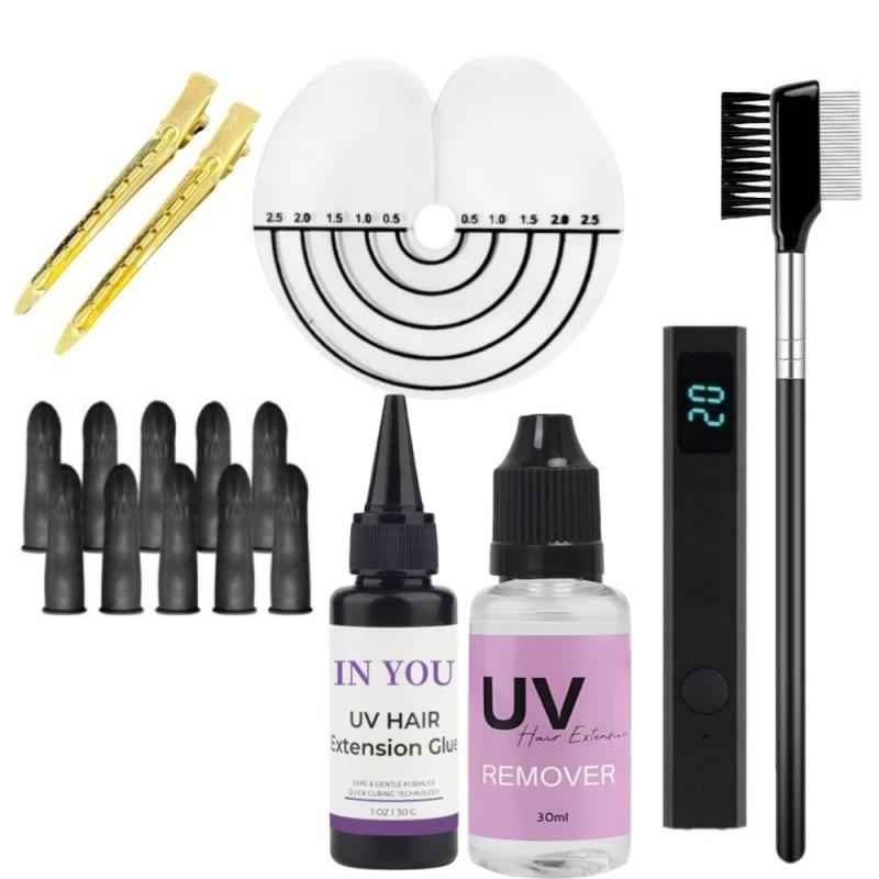 

10s UV Hair Kit with Skin Shields:30g Glue + 30ml Remover & UV Lamp,Damage-Free Salon & Home Extensions A set