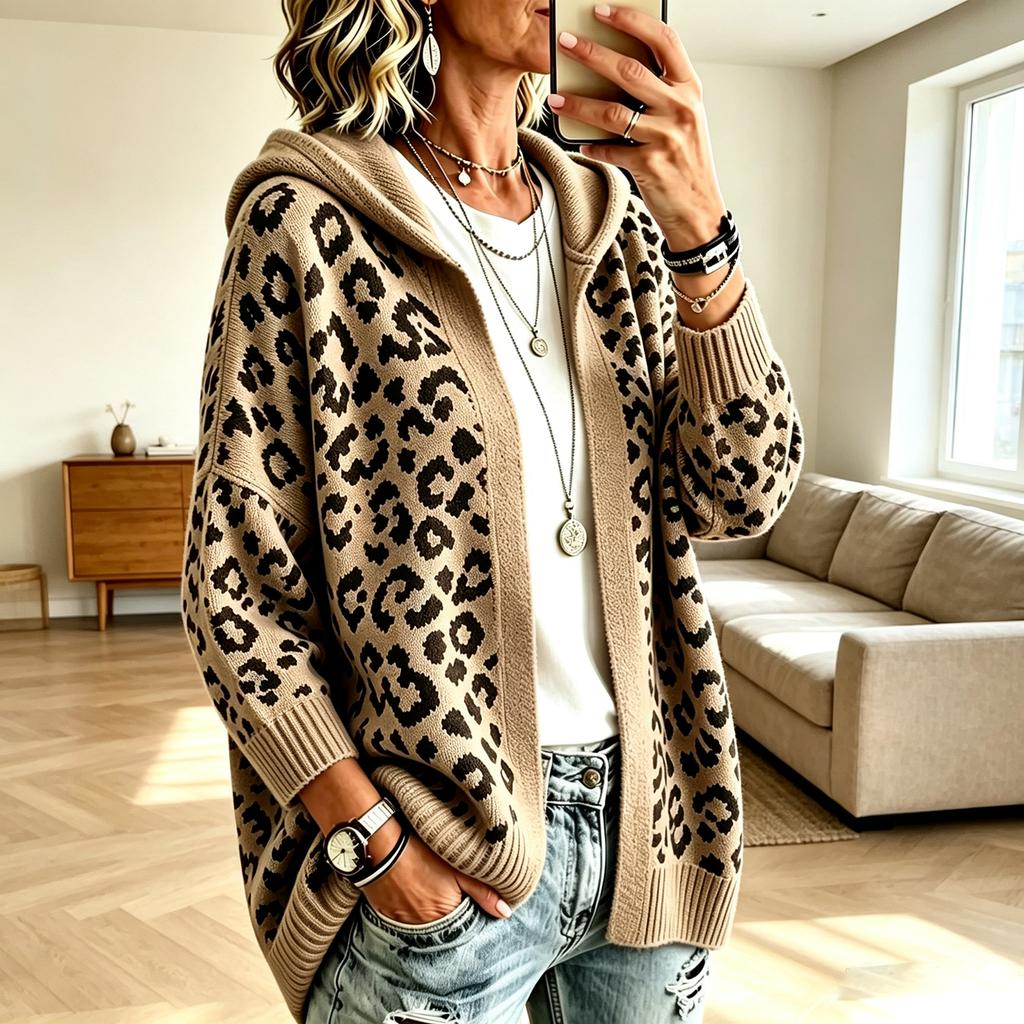 Damen Vintage Kapuzenstrickjacke mit Leopardenmuster, Lockere Passform, Überschnittene Schultern, Lässige Oberbekleidung