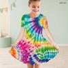 Girls Black Round Neck Short Sleeve Galaxy Space Printed A Line Flared Dress