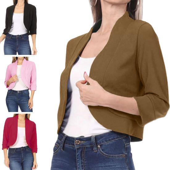 Women Blazer Short Coat Cardigan Open Stitch Solid Color Loose Spring Fall Jacket Three Quarter Sleeve Soft OL Commute Style Lady Jacket