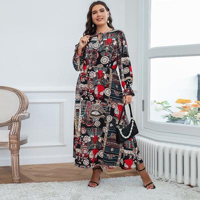 Round Neck Long Sleeve Floral Print Dress for Women High Waist Slim Comfortable Breathable Lightweight Dress Casual Fashion Plus Size Long Dress