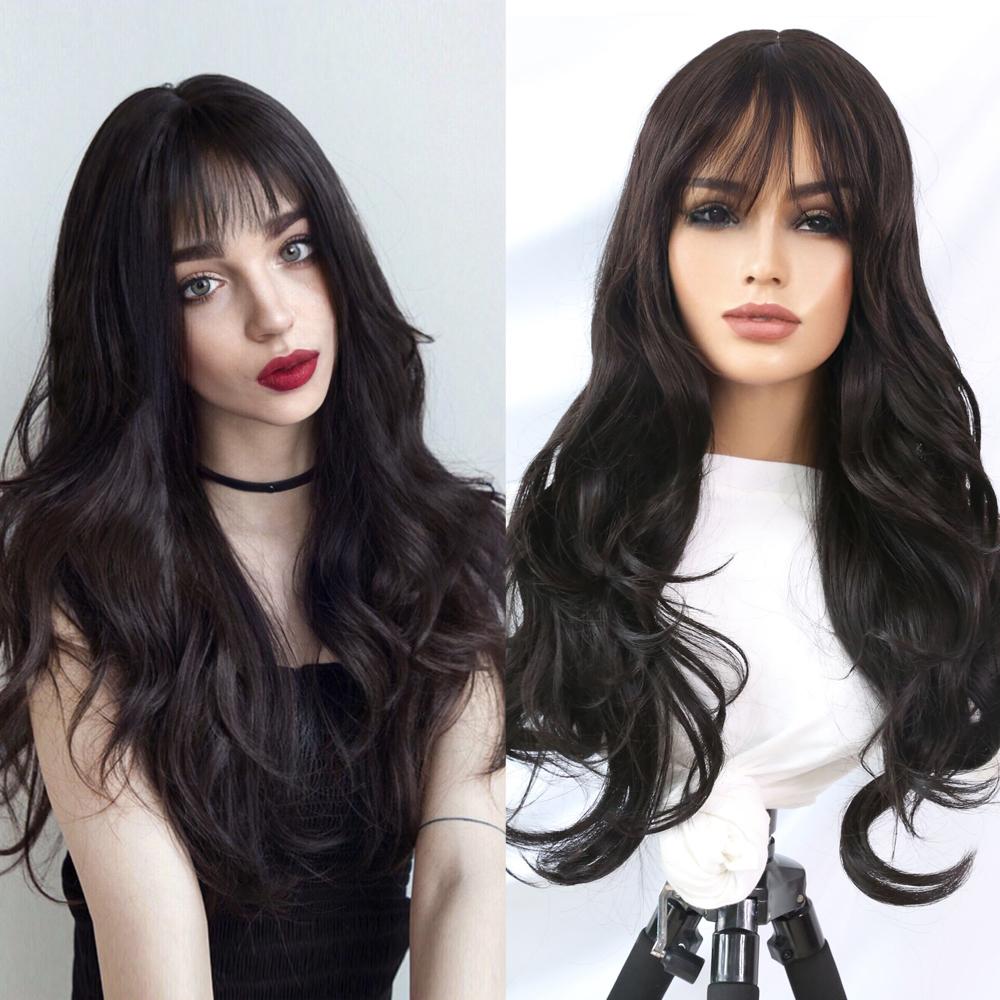 Synthetic Brazilian Brown/Black Cosplay Wig Long Wavy With Fluffy Bangs Wigs For Women To Wear Daily/Cosplay Heat-Resistant